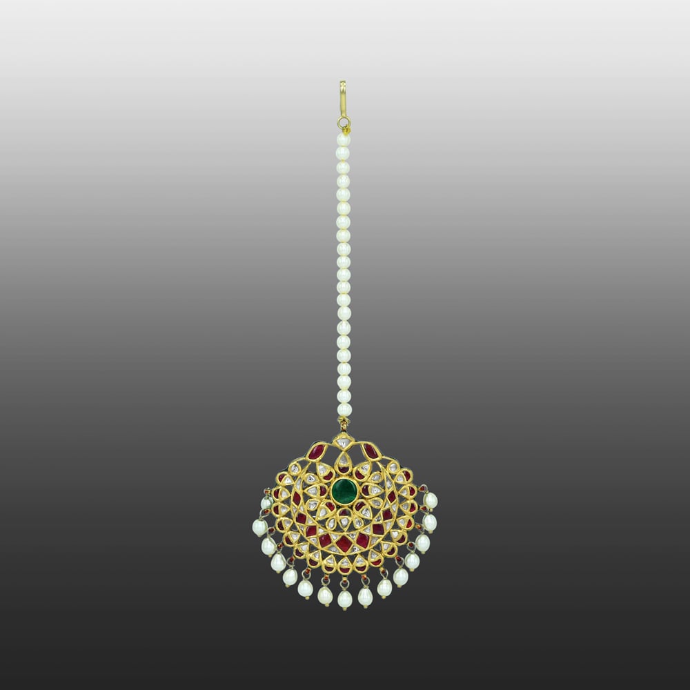 Emerald and Ruby Floral Polki Mangtikka with Pearl Drops